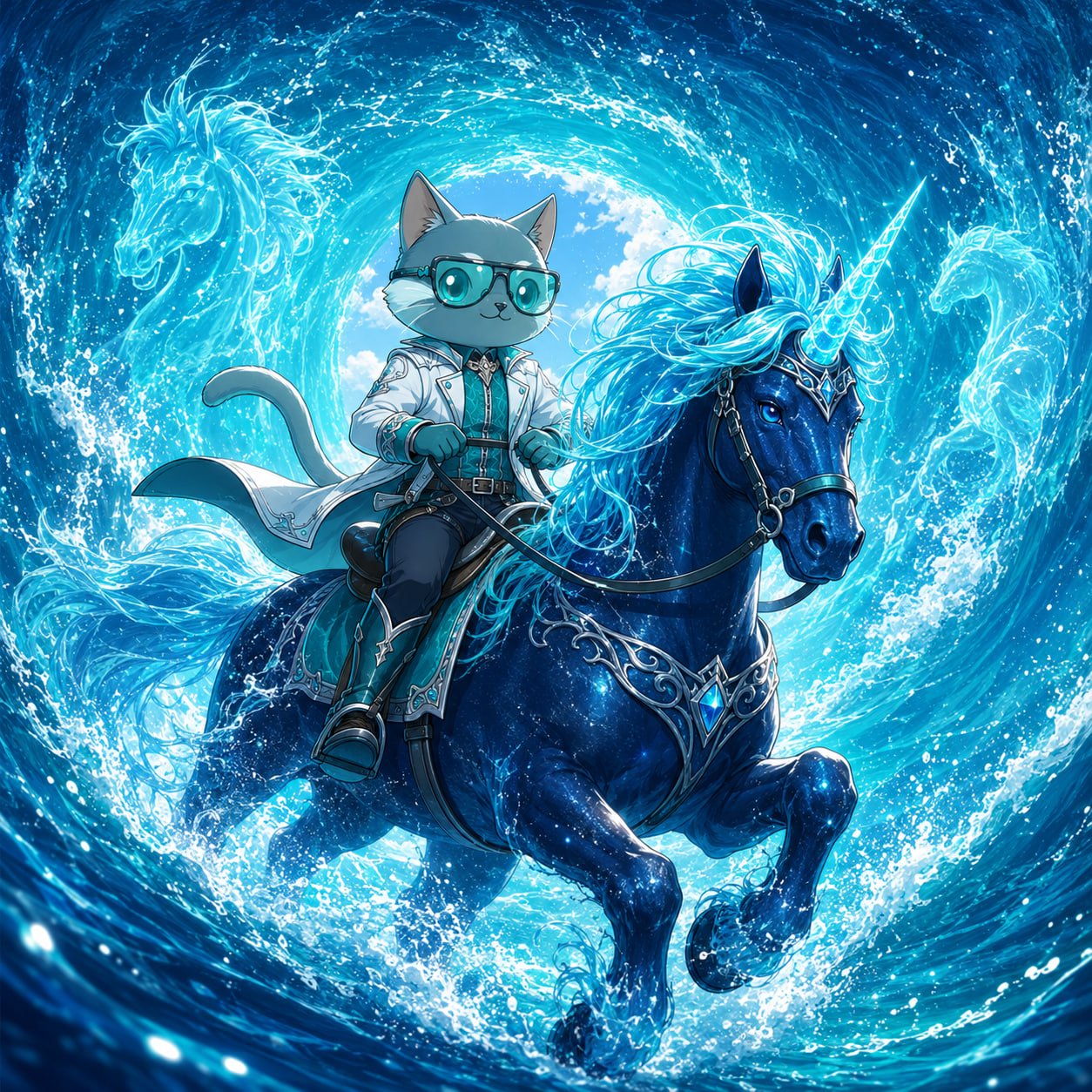 Web3 cat riding a celestial horse through an ocean world