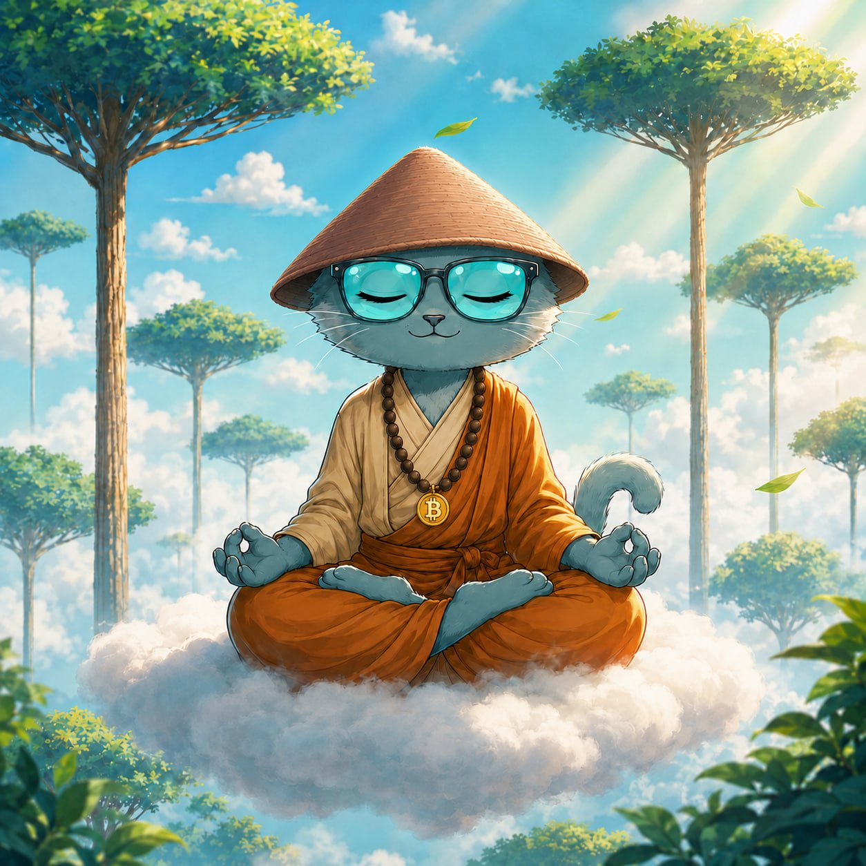 Web3 cat meditating above the clouds